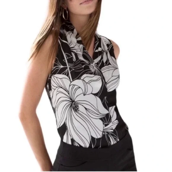 NEW WHBM Sleeveless Blouse V-neck Bold Magnolia Floral Black White Size XS - Picture 14 of 14